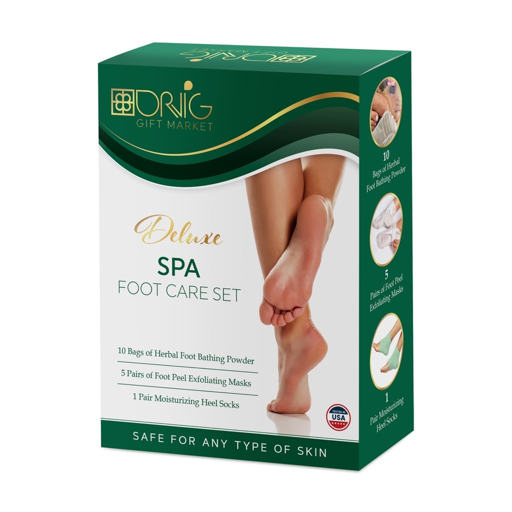 FOOT DELUXE SPA FOOT CARE SET 10 Bags of Bathing Powder 5 Peel Mask 1 Heel Sock